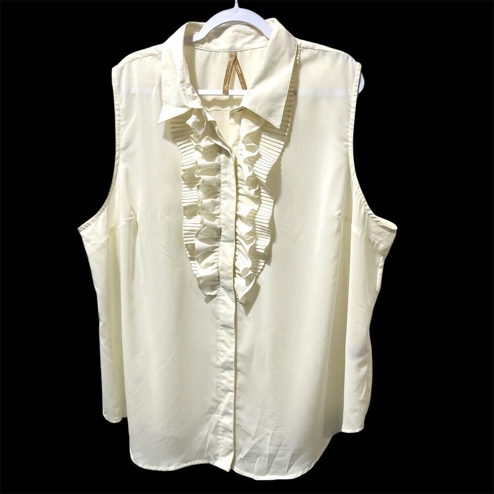 VTG Avenue Premiere Ivory Blouse 26/28 Pleated Ruffle Sleeveless Tunic Top READ